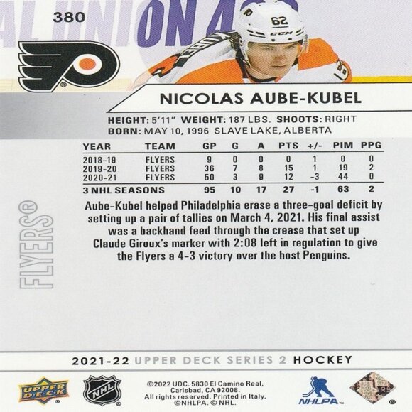Nicolas Aube-Kubel - 2021/2022 Upper Deck Series 2 Hockey Card - Picture 2 of 2